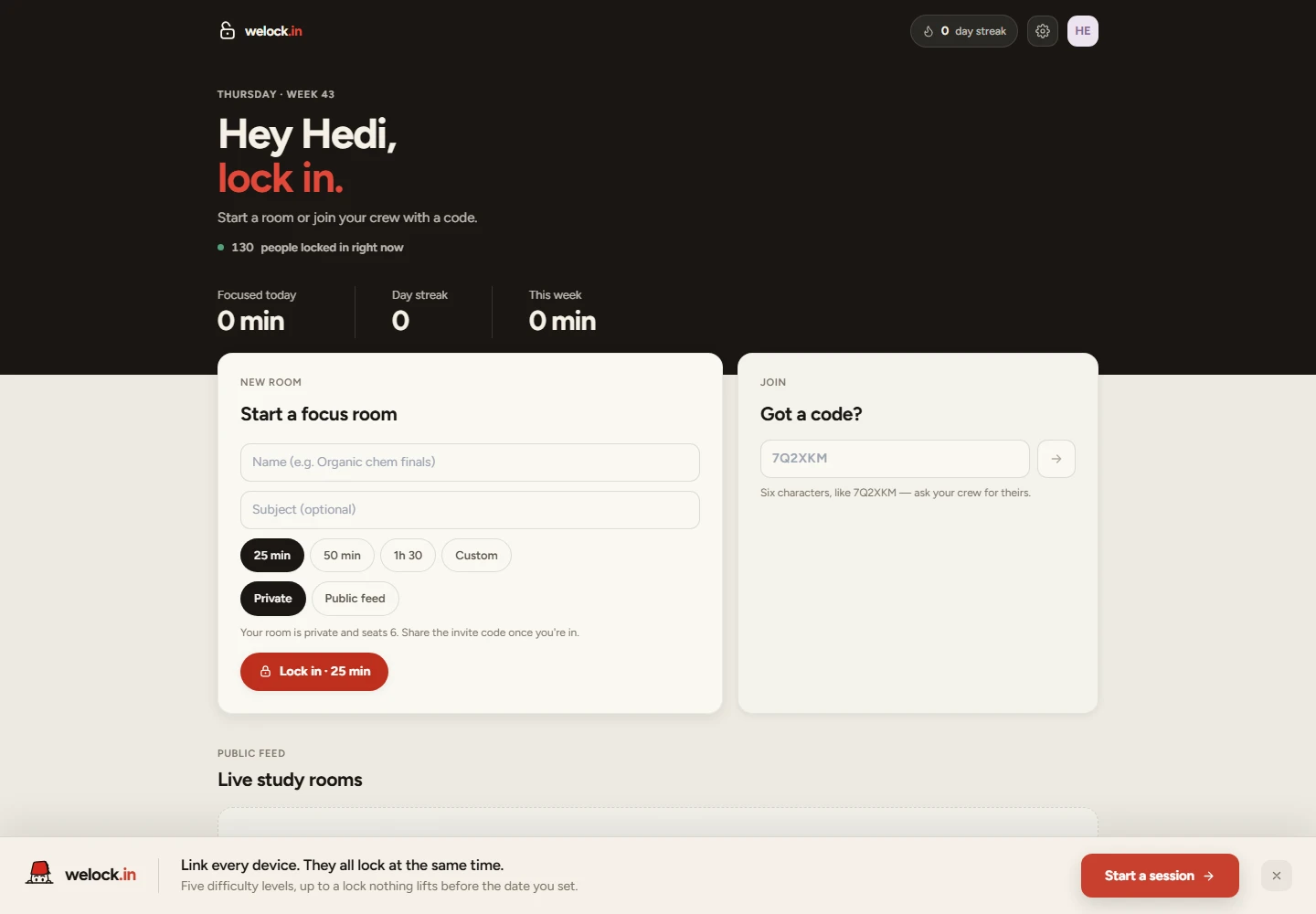 WeLock study-room homepage